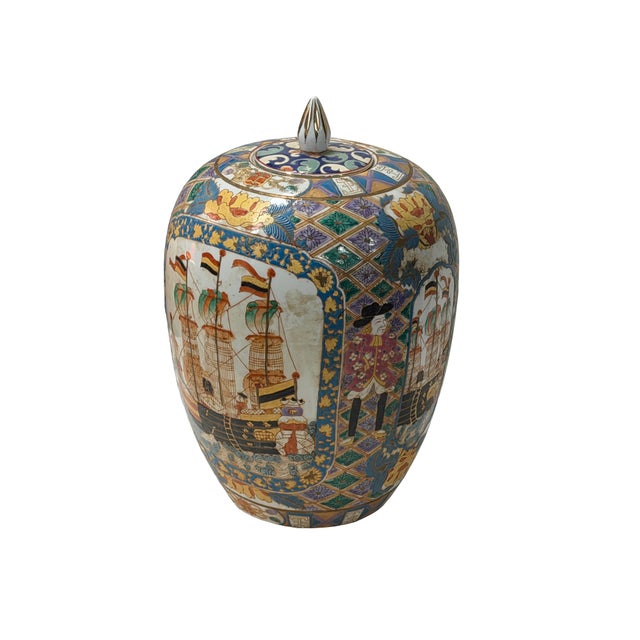 Vintage Polychrome Dutch Sailing Ships Graphic Porcelain Art Jar For Sale - Image 4 of 16