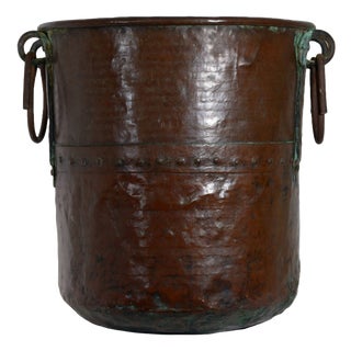 Large Antique Early 19th Century Hand-Hammered Copper Planter with Forged Iron Handles, Italy For Sale