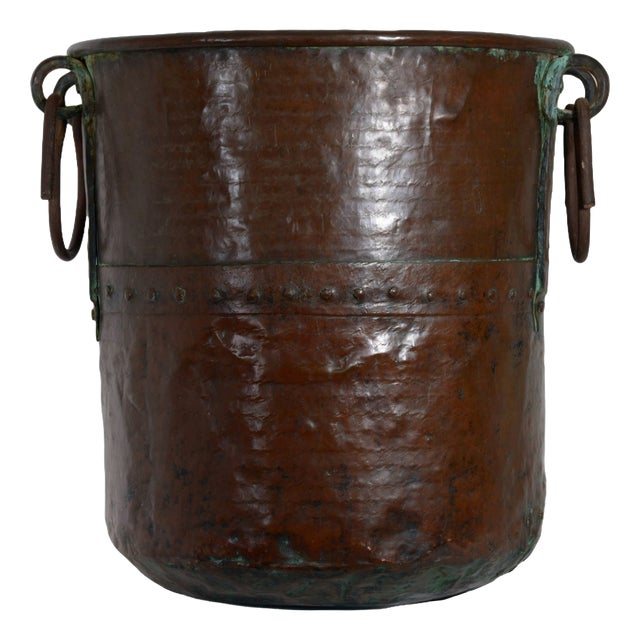 Large Antique Early 19th Century Hand-Hammered Copper Planter with Forged Iron Handles, Italy For Sale
