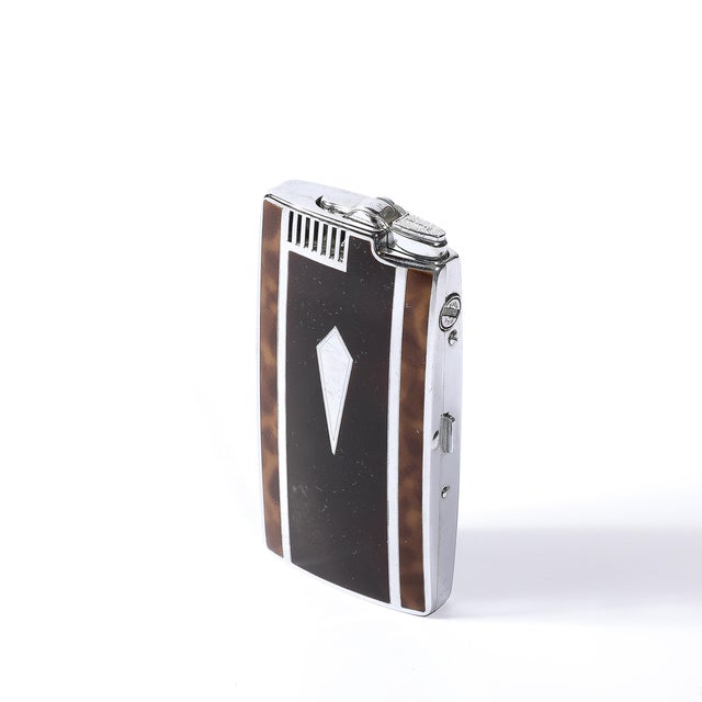Art Deco Chrome & Inlaid Bakelite Cigarette Case & Lighter Signed Ronson For Sale - Image 12 of 18