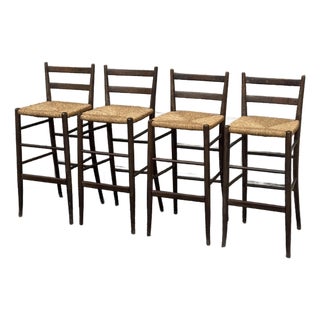 Set of Four Vintage Rush Seat Ladderback Bar Stools For Sale