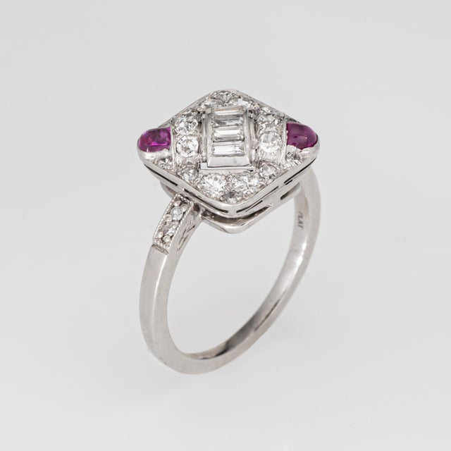 Art Deco Vintage Art Deco Diamond Ruby Square Ring Sz 7.25 Platinum Jewelry 1920s For Sale - Image 3 of 7
