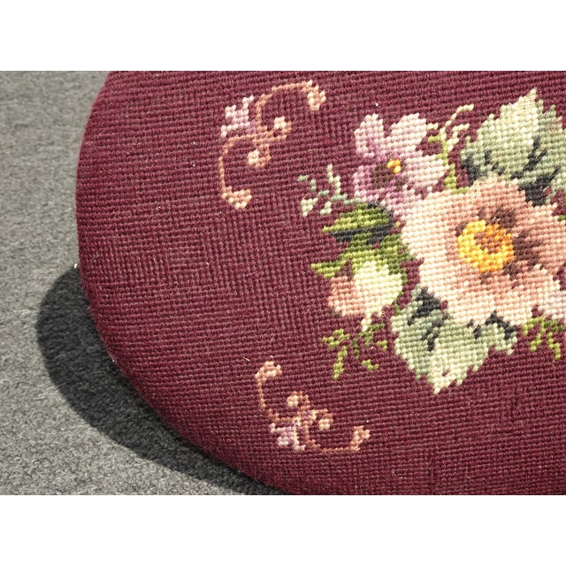 Footstool - Vintage Victorian Style Burgundy Oval Floral Needlepoint Footstool For Sale - Image 9 of 15