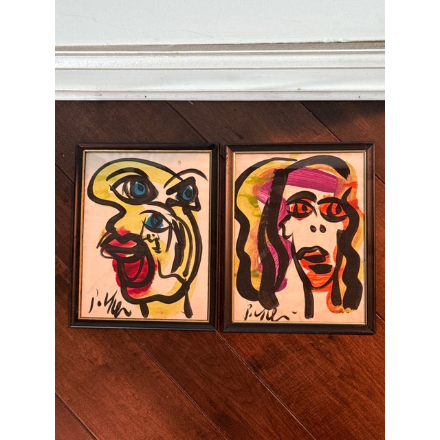 1970s Pair of Abstract Paintings by Peter Keil. This great original pair were executed on pape Framed in simple matching...