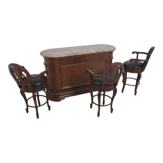 Howard Miller Marble Top Bar Wine Cabinet & 3 Stools For Sale