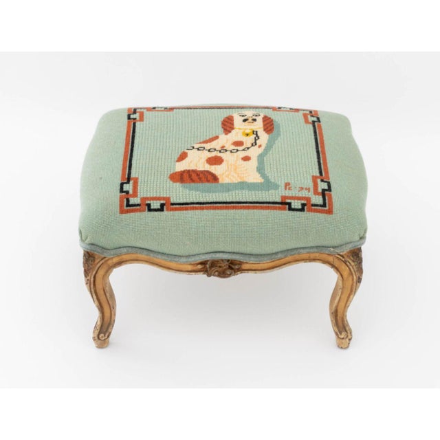 Spanish Signed Spaniel Motif Needlepoint Footstool, 1974 For Sale - Image 3 of 8