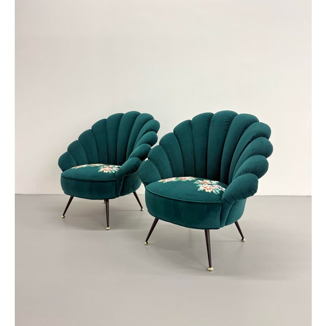 Gucci Contemporary Gucci Velvet Shell Armchairs With Embroidered Floral Seats - Pair For Sale - Image 4 of 7