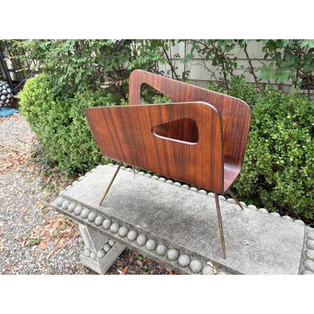 Wood 1960s Brass and Walnut Italian Magazine Rack For Sale - Image 7 of 9