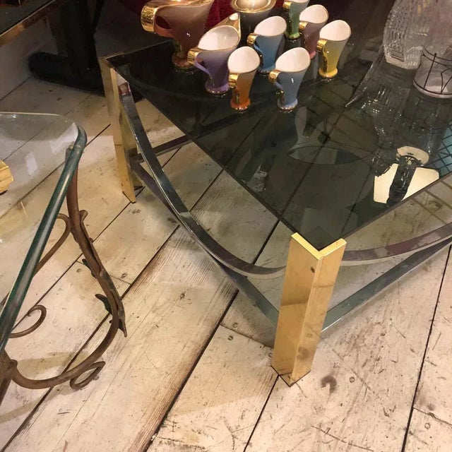1970s Italian Mid-Century Modern Brass, Steel and Smoked Glass Coffee Table For Sale - Image 6 of 12
