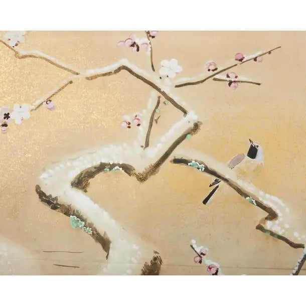 Japanese Showa Four Panel Screen Snowy Winter Landscape For Sale - Image 9 of 12