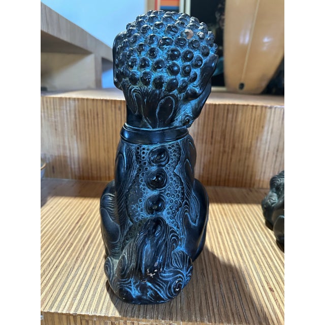 Chinese Mid 20th Century Black Glazed Terra Cotta Chinese Foo Dogs Lions- a Pair For Sale - Image 3 of 12