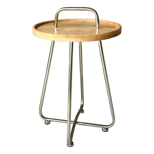 Industrial Modern Artisan Handcrafted Natural Rubberwood & Steel Occasional Table For Sale