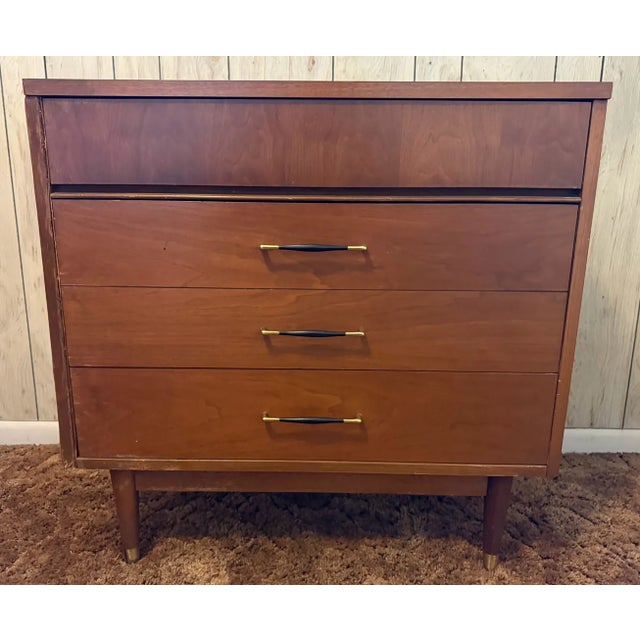 Vintage Mid-Century Modern Walnut 3-Drawer Lowboy Dresser With Brass-Capped Legs and Stylish Black-Gold Handles For Sale - Image 10 of 16