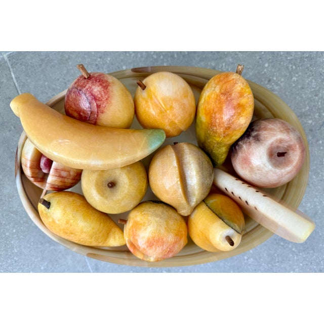 Mid-Century Modern Exceptional Vintage Mid-Century Mexican Carved Onyx Stone Pedestal Bowl, Centerpiece Filled With 12 Assorted Onyx Fruit For Sale - Image 3 of 12