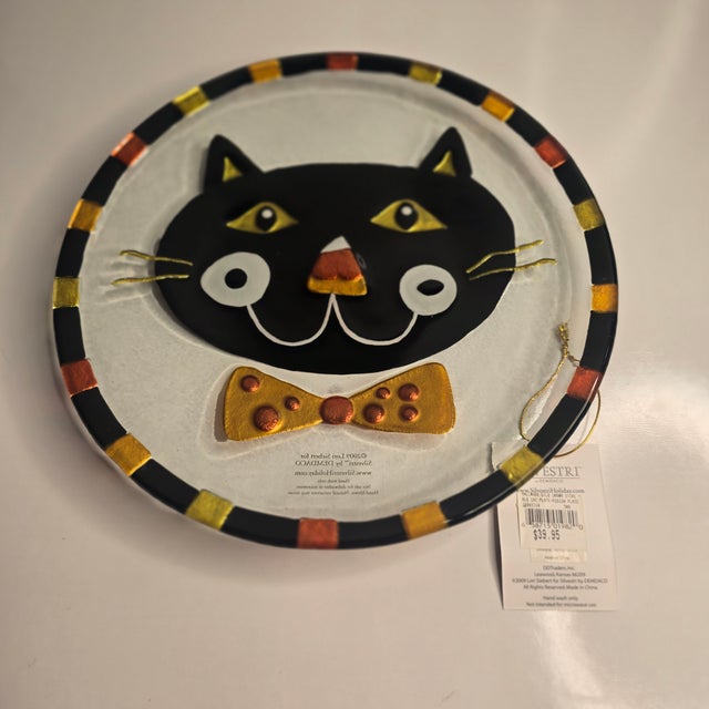 Art Deco Black Cat Hand Blown Glass Plate Lorie Seibert Silvestri by Demdaco 2007 For Sale - Image 3 of 7