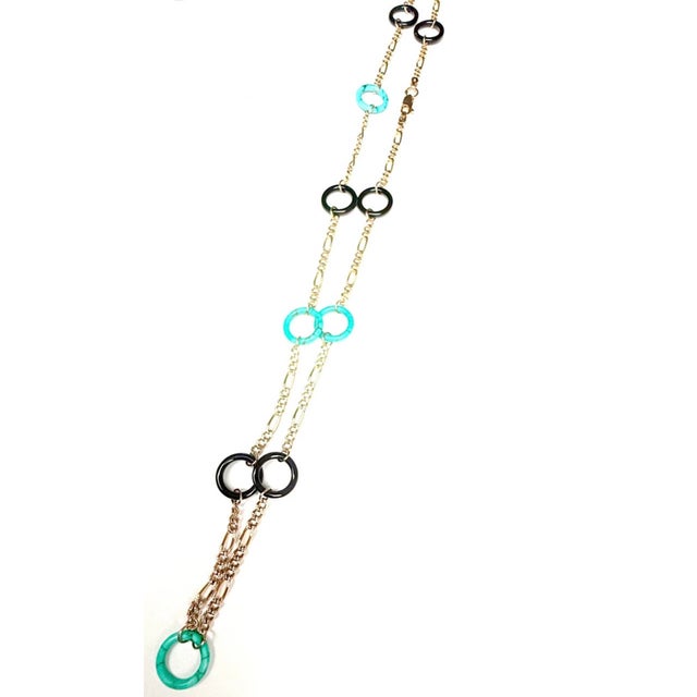 14k Yellow Gold Italian Onyx & Turquoise Circle Necklace 21" Length For Sale - Image 11 of 14