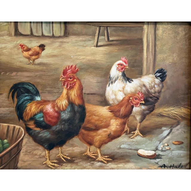 A charming vintage original oil painting on board, signed A. Hale, depicting a colorful rooster surrounded by hens in a...