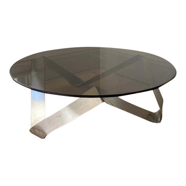 1970s Brutalist Style Smoked Glass and Sculptural Steel Coffee Table For Sale