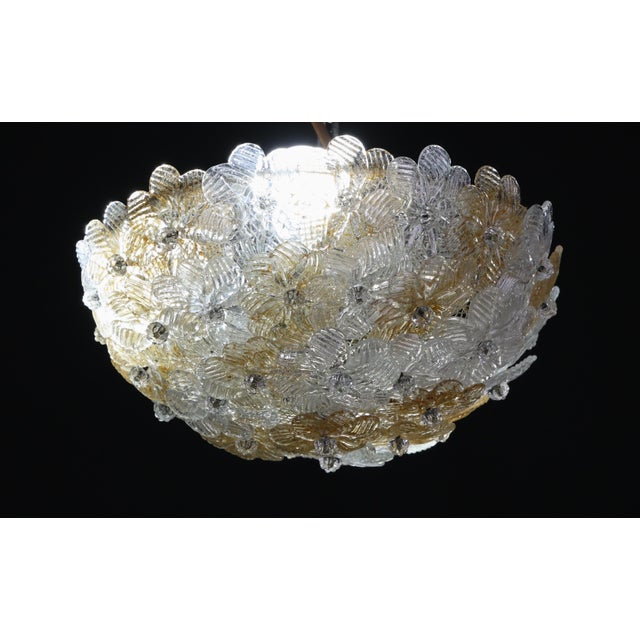Pretty tree-light ceiling lamp with Murano glass flowers, made by Seguso for Venini, Italy, 1970s. Metal ceiling basket...