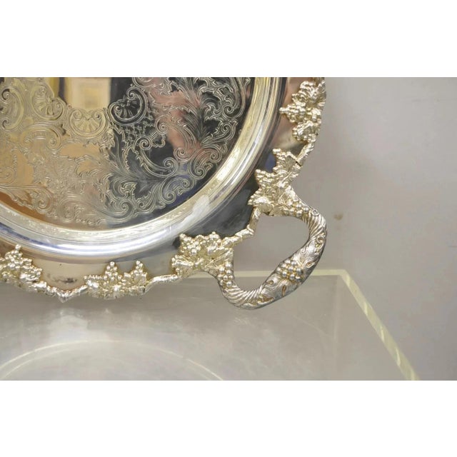 Vintage Crescent Silver Plated Grapevine Pattern Round Bar Tray With Handles For Sale In Philadelphia - Image 6 of 9