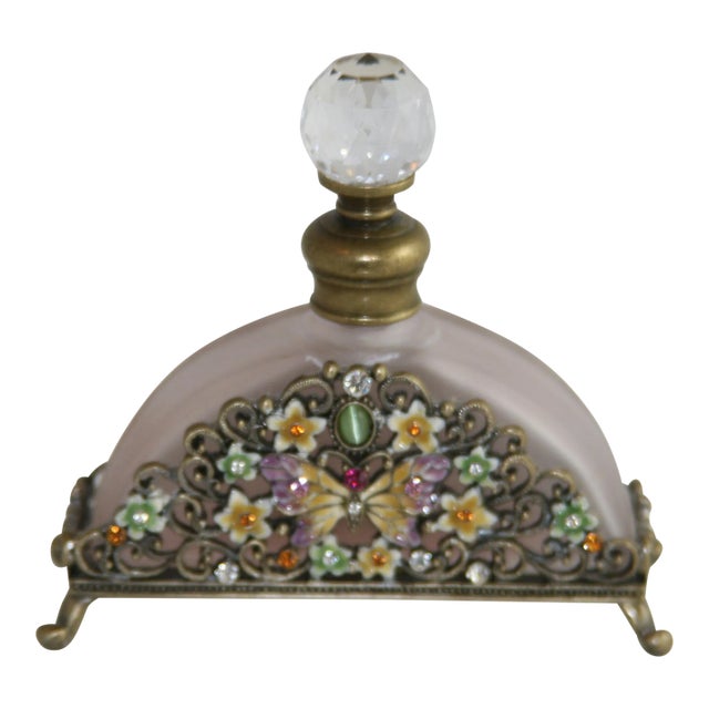 Vintage 1960s Brass Filigree Lavender Glass Jewel & Enamel Footed Perfume Bottle For Sale