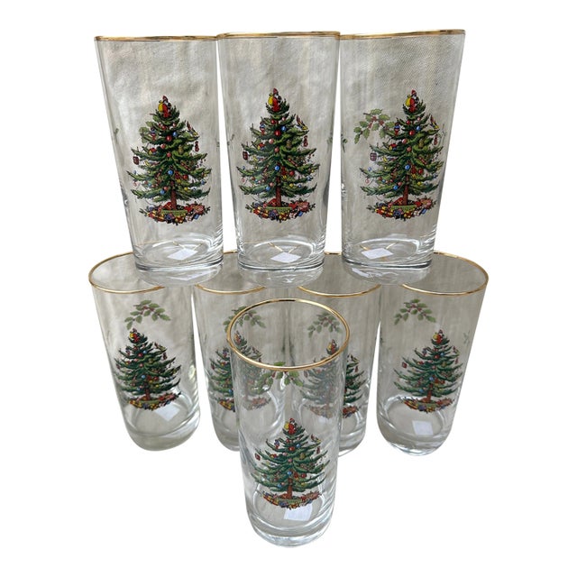 Vintage Set of 8 Spode Christmas Tree Highball Glasses For Sale