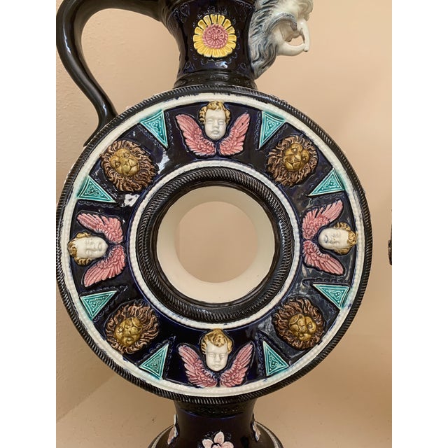 Antique Set -2 German Ceramic Ewers by Hugo Lonitz Lions and Cherubs For Sale In Boston - Image 6 of 11