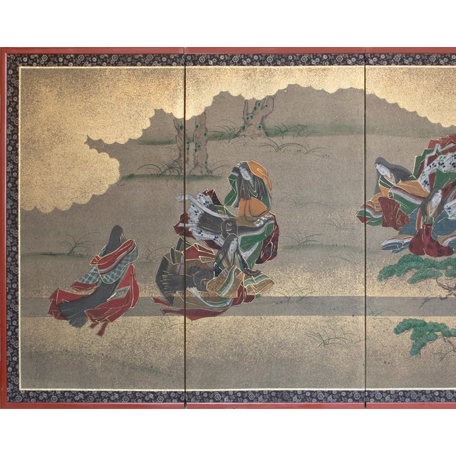 Impressive vintage Japanese 4-panel painted Byobu (folding screen) in Yamato-e Style "Dancing Kimono Beauties". Gold...