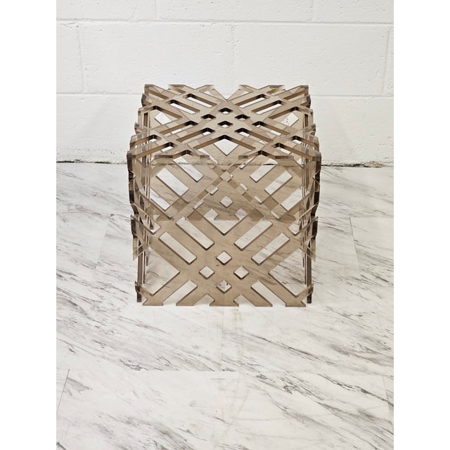 Mid 20th Century Smoke Grey Lucite Lattice Worked Cube Ottoman or Accent Table For Sale - Image 4 of 6