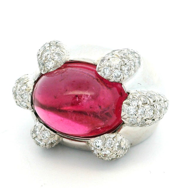 1970s 1970s Italian 18k White Gold Rubellite and Diamond Sculptural Statement Ring, Size 7 For Sale - Image 5 of 11