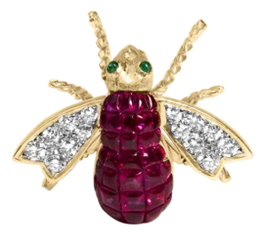 18K Yellow Gold 3/8 Cttw Diamond and 6 3/4 Cttw Red Ruby Bumblebee Brooch Pin (F-G Color, VS2-SI1 Clarity)