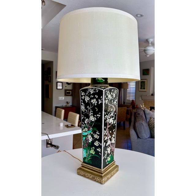 Antique Chinese Famille Noire Porcelain Square Vase Table Lamp For Sale - Image 15 of 15