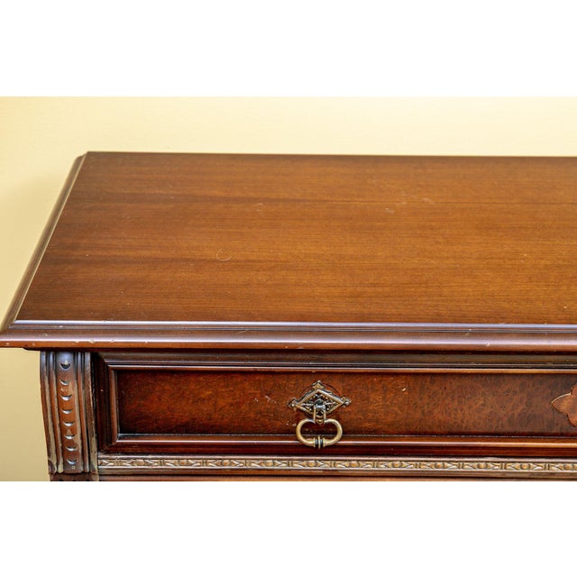 Victorian Late 18th Century Carved Walnut Victorian Tudor Style Sideboard Cabinet With Burl Panels, Fluted Columns, Foliate Band and Bun Feet For Sale - Image 3 of 9