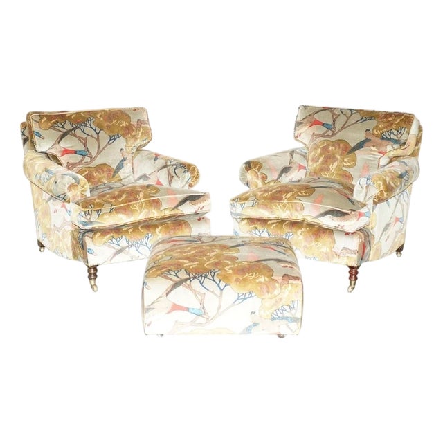 New George Smith "Flying Ducks" Upholstered Armchairs & Ottoman Footstool For Sale