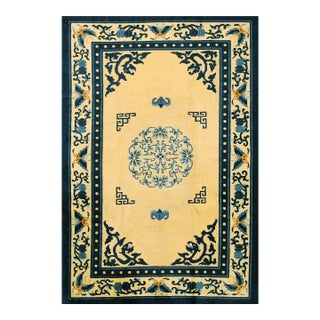 1920s Beige Medallion Antique Chinese Peking Rug 6' X 8'7" Handknotted Wool Carpet For Sale