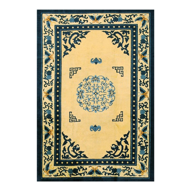 1920s Beige Medallion Antique Chinese Peking Rug 6' X 8'7" Handknotted Wool Carpet For Sale