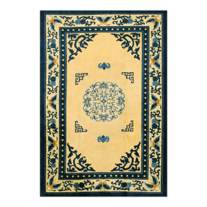 1920s Beige Medallion Antique Chinese Peking Rug 6' X 8'7" Handknotted Wool Carpet