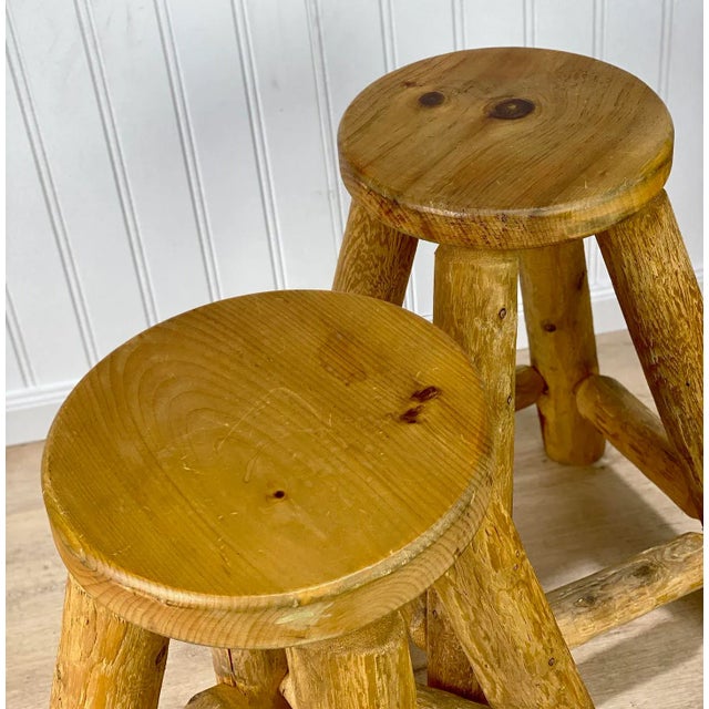 Late 20th Century Vintage Farmhouse Log Cabin Timber Live Edge Lodge Bar Stools - a Pair For Sale - Image 5 of 7