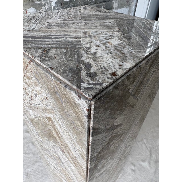 Gray Stone Herringbone Pedestal With Sculptural Geometric Inlay For Sale In New York - Image 6 of 9