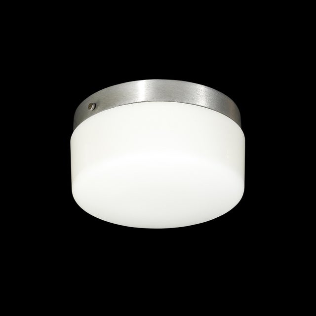 Pair of Mid-Century Cylindrical Milk Glass Flush Mounts W/ Brushed Aluminum For Sale - Image 12 of 14