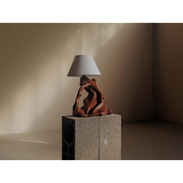 Handcrafted table lamp made from a sculpted piece of olive wood, retaining the natural contours of the material. Its...