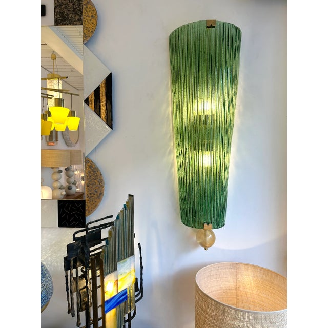 Mid-Century Modern Large Contemporary Pair of Brass and Green Gold Leaf Murano Glass Sconces, Italy For Sale - Image 3 of 12