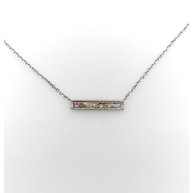 Modern 1990s 14K White Gold Bar Necklace with Diamond and Pink Tourmaline For Sale - Image 3 of 6