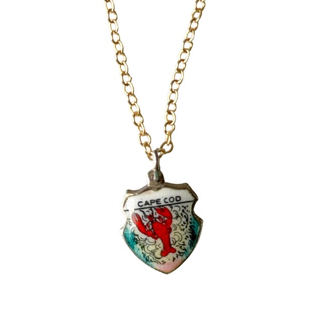 Massachusetts Cape Cod Lobster Vintage Fritz Reu Sterling Silver Enamel Charm on New 18 Inch Gold Filled Necklace For Sale - Image 4 of 5