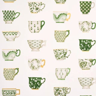 Sample - Schumacher Onie's Teacups Wallpaper in Spring Green For Sale