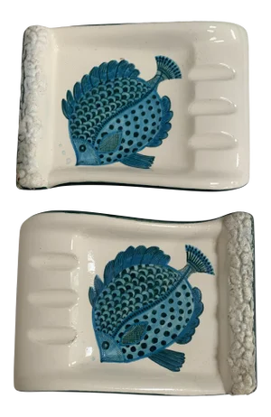 Mid-Century Modern Hand Painted Fish Ashtray Catchall Signed Pottery - a Pair