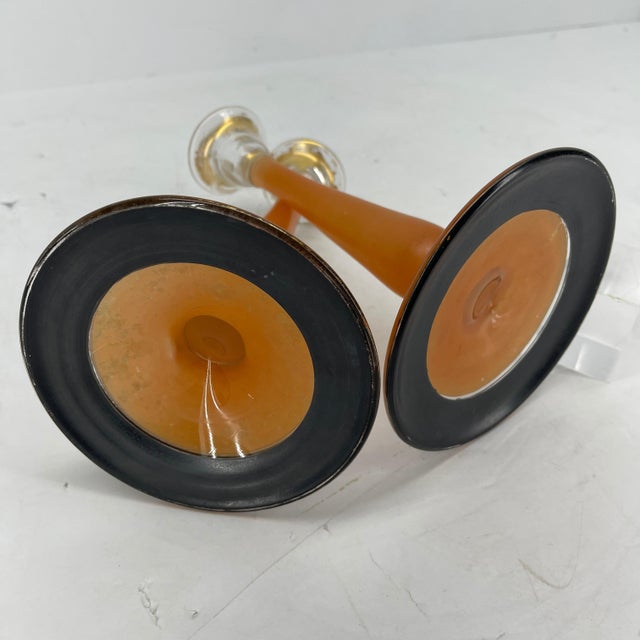 Art Deco 1930s Charles Schneider Style Art Deco Pressed Orange Glass Candlesticks - A Pair For Sale - Image 3 of 12