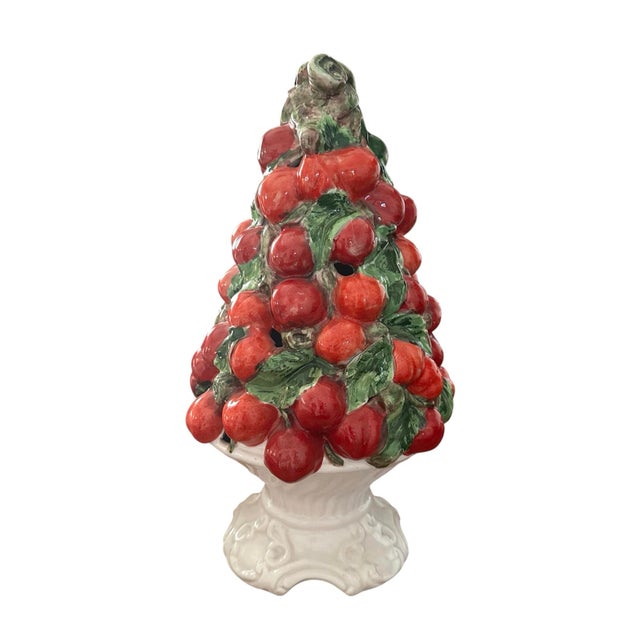 Lefton Vintage Italian Majolica Cherry Topiary / Ceramic / Trompe l'Oeil Cherries in Footed Pedestal Pot Centerpiece For Sale - Image 4 of 9