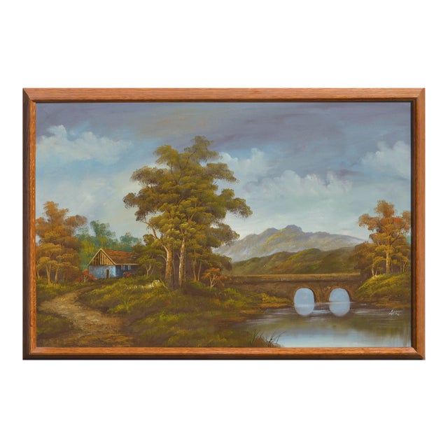 Mid Century Landscape With Stone Bridge For Sale