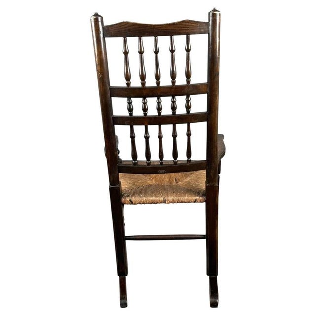 2000 - 2009 Antique Oak Spindle Back Rocking Chair with Rush Seat, 1900s For Sale - Image 5 of 11